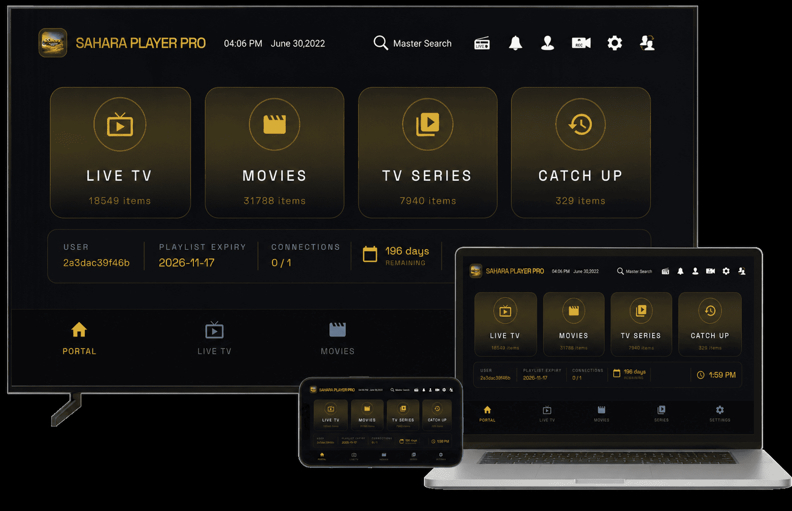 Sahara Player Pro shown across TV, laptop, and mobile devices